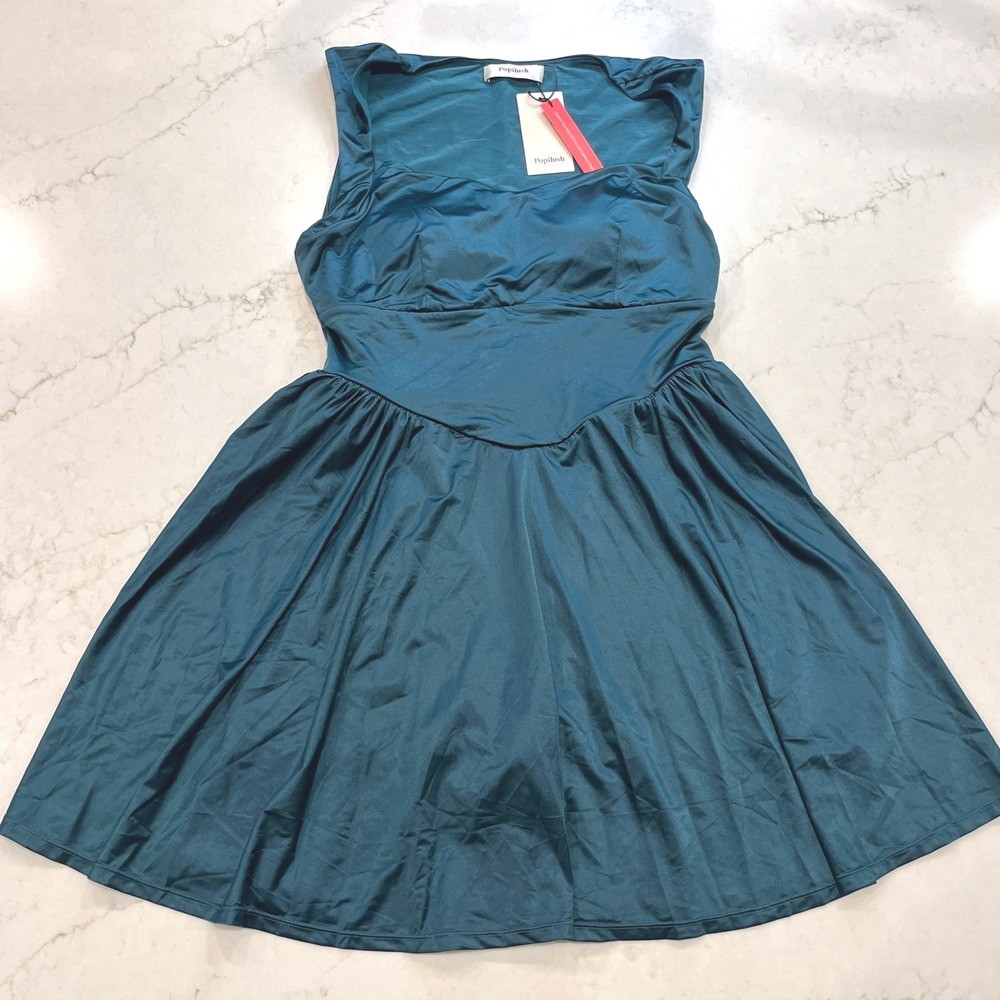 Popilush Fit Flare Sleeveless Shapewear Dress Skort Women L Teal Sweatheart Mini